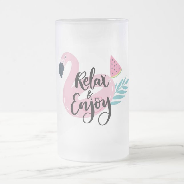 Relax and Enjoy Flamingo Frosted Glass Beer Mug (Center)