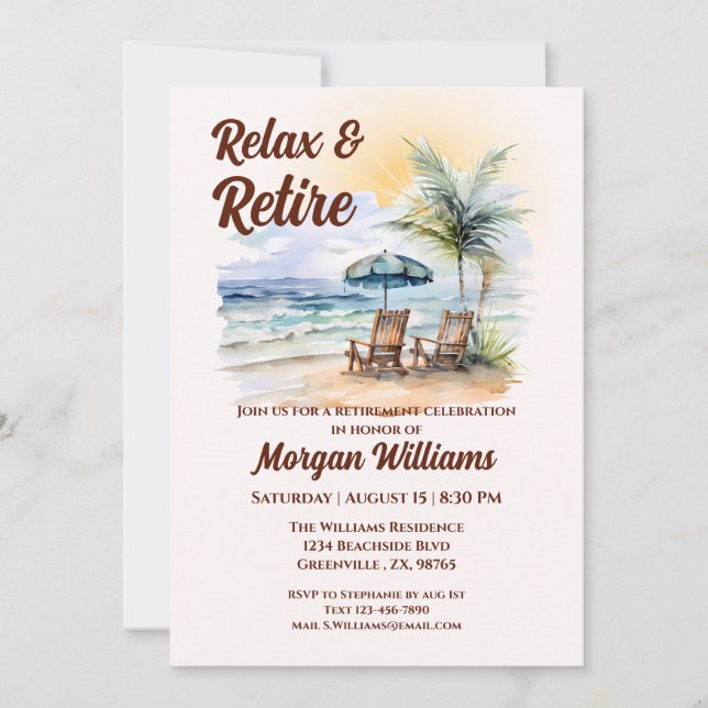 Relax and Retire Tropical Beach Chair Retirement Invitation (Front)