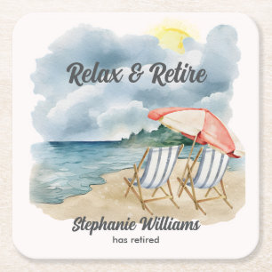 Relax and Retire Tropical Beach Chair Themed Party Square Paper Coaster