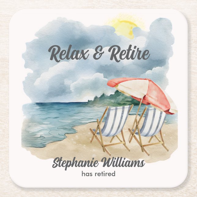 Relax and Retire Tropical Beach Chair Themed Party Square Paper Coaster (Front)