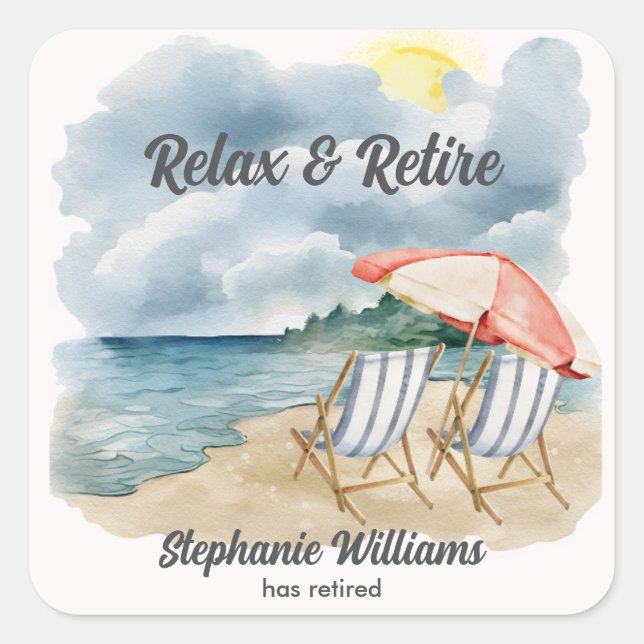 Relax and Retire Tropical Beach Chair Themed Party Square Sticker (Front)