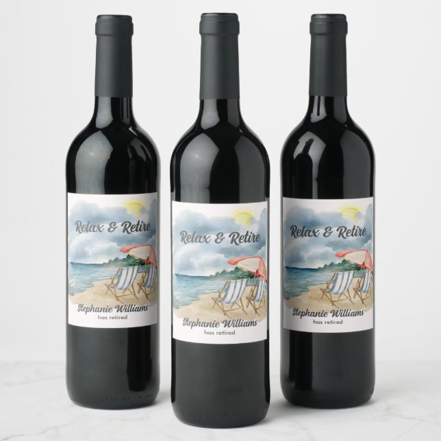 Relax and Retire Tropical Beach Chair Themed Party Wine Label (Bottles)