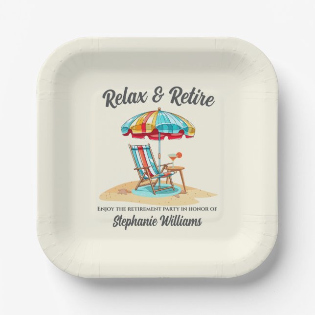 Relax and Retire Tropical Cocktail Beach Chair  Paper Plate (Front)