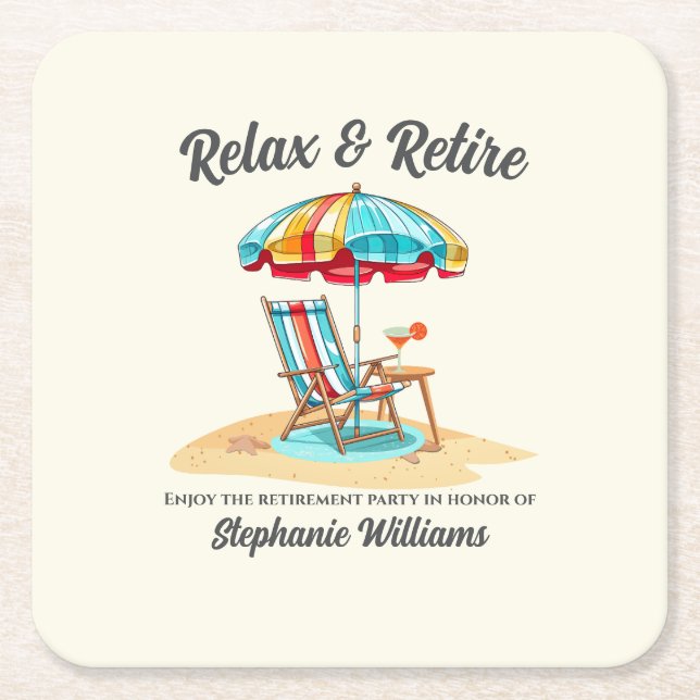 Relax and Retire Tropical Cocktail Beach Chair  Square Paper Coaster (Front)