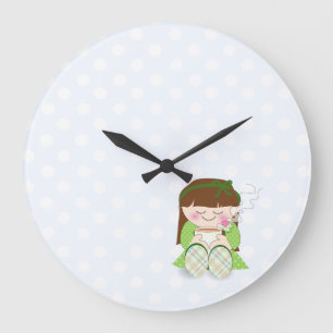 Relax! Cute Kawaii Girl Relaxing with Tea / Coffee Large Clock