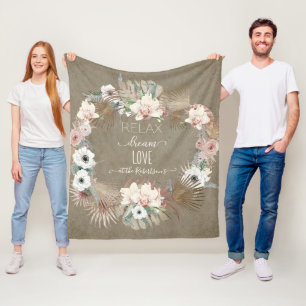 Relax Dream Love Earthy Tropical Tan White Floral Fleece Blanket