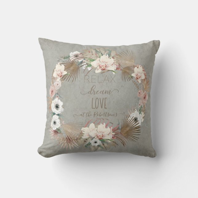 Relax Dream Love Grey Floral Seaside Beach Palm Cushion (Front)