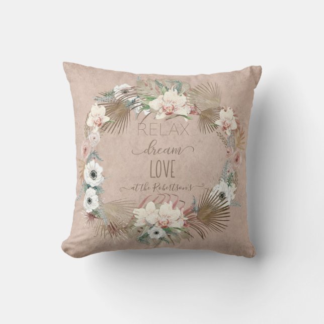 Relax Dream Love Seaside Beach Palm Blush Floral Cushion (Front)