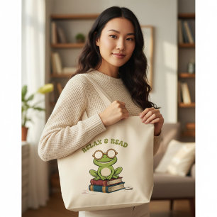Relax & Read Cute Frog on Books   Funny Bookworm  Large Tote Bag
