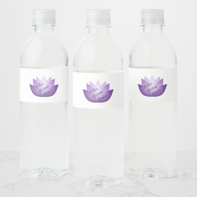 Relax Restore Renew Purple Lotus Flower Water Bottle Label (Bottles)