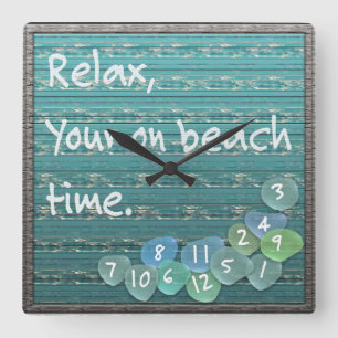 Relax, Sea Glass Beach Driftwood Ocean Square Wall Clock