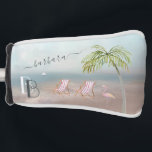 Relax Think Beach Then Putt Monogram First Name  Golf Head Cover<br><div class="desc">Lovely Watercolor Beach Sand Palm Trees Relax and Putt Away -- peaceful and gentle scene with two beach chairs. Just waiting for you to take a deep breath and hit your next shot. With first name and monogram -- you'll love it or great as a gift. Any design questions, just...</div>