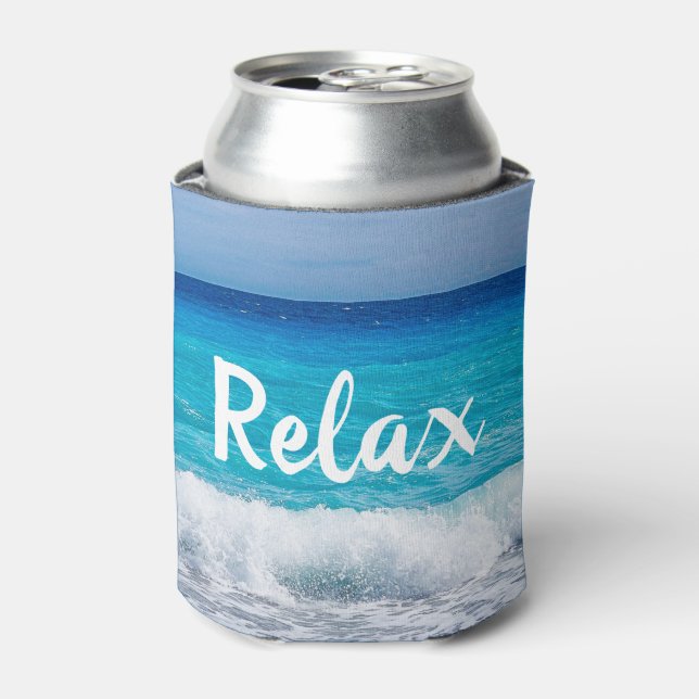 Relax Tropical Beach Turquoise Blue Ocean Sea Foam Can Cooler (Can Front)