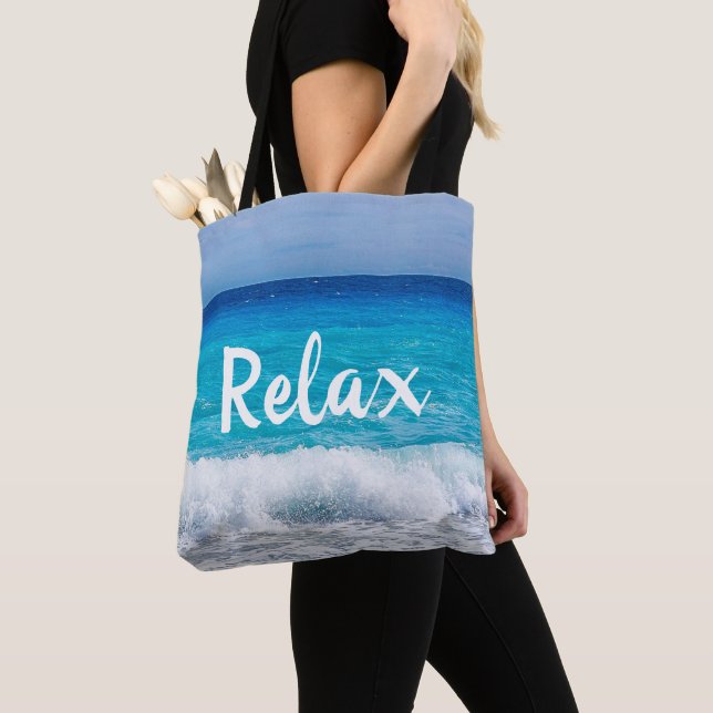 Relax Tropical Beach Turquoise Blue Ocean Sea Foam Tote Bag (Close Up)