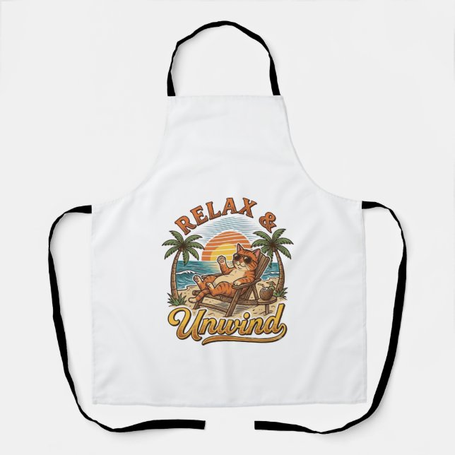 Relax & Unwind Beach Cat Vintage Engraving Design_ Apron (Front)