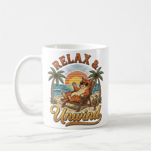 Relax & Unwind Beach Cat Vintage Engraving Design_ Coffee Mug