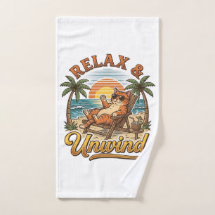 Relax & Unwind Beach Cat Vintage Engraving Design_ Hand Towel