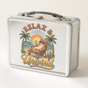 Relax & Unwind Beach Cat Vintage Engraving Design_ Metal Lunch Box