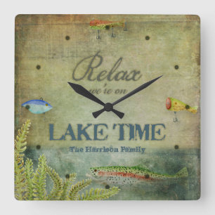 Relax we are on Lake Time, Mountain Cabin Decor Square Wall Clock