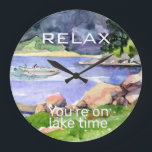 Relax You're on Lake Time Watercolor Boating Large Clock<br><div class="desc">This design was created though digital art. It may be personalised in the area provide or customising by choosing the click to customise further option and changing the name, initials or words. You may also change the text colour and style or delete the text for an image only design. Contact...</div>