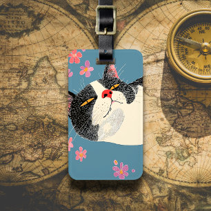 Relaxed Black and White Cat Luggage Tag