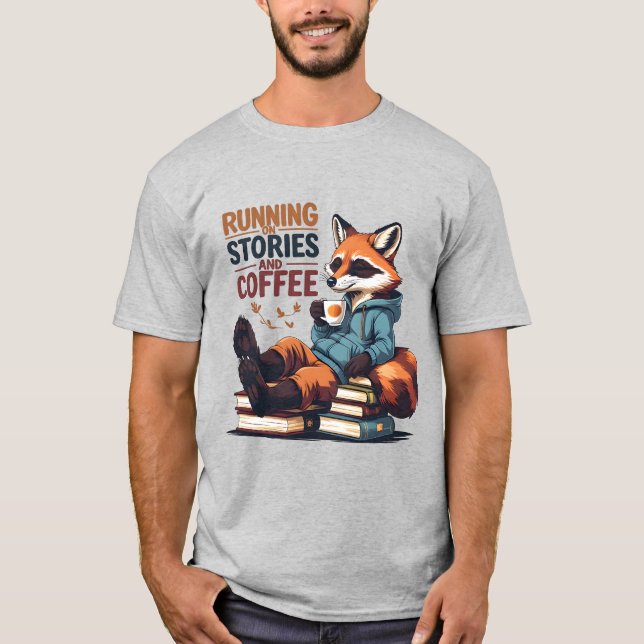 Relaxed Fox with Coffee – Cosy Book Lovers T-Shirt (Front)