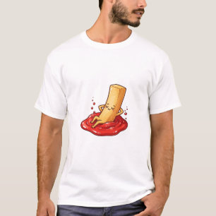 Relaxed French Fry Character Lounging in Ketchup T-Shirt