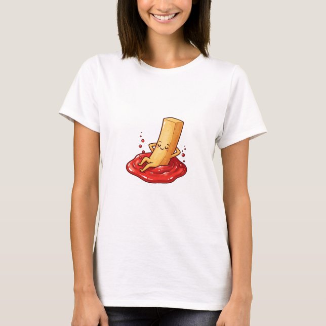 Relaxed French Fry Character Lounging in Ketchup T-Shirt (Front)
