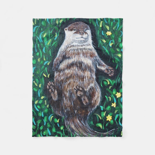 Relaxed River Otter Painting Fleece Blanket (Front)