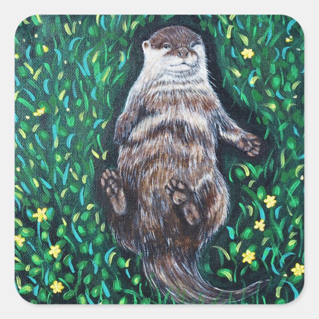 Relaxed River Otter Painting Square Sticker (Front)