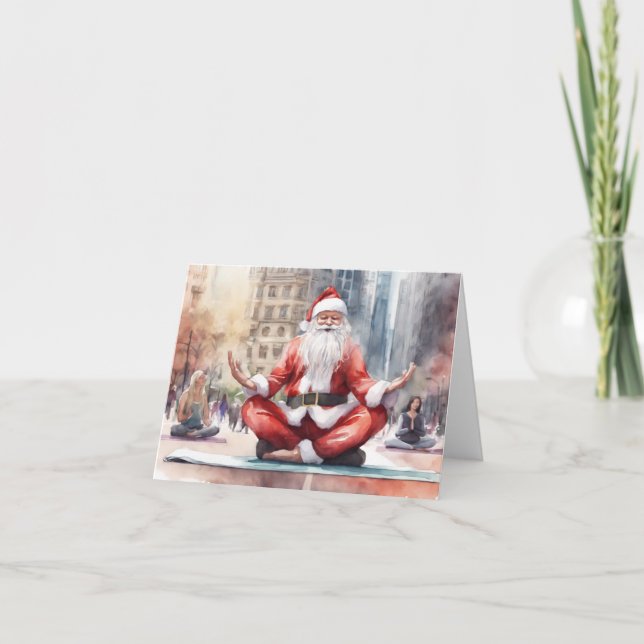 Relaxed Santa doing Yoga in City Holiday Card (Front)