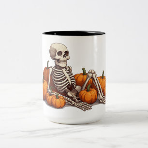 Relaxed Skeleton Among Harvest Pumpkins 🎃 Two-Tone Coffee Mug