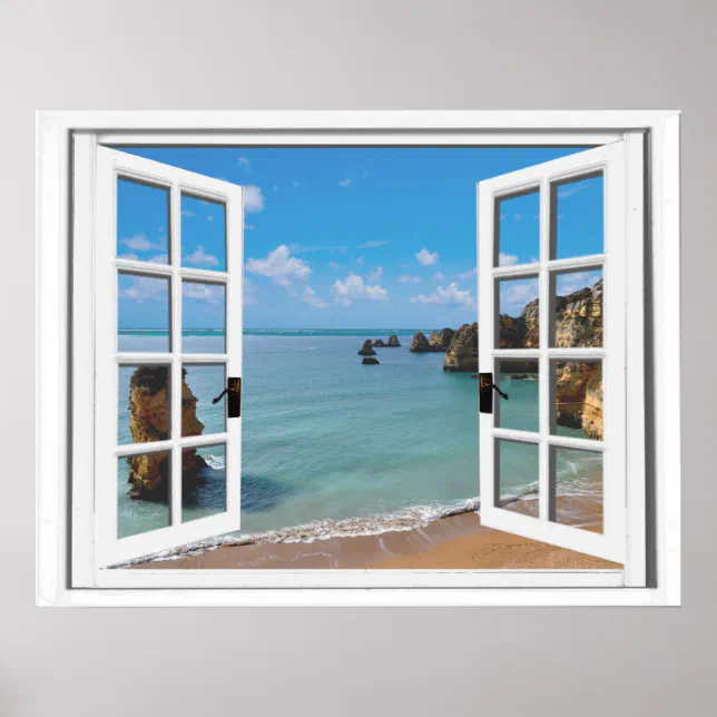 Fake Window Ocean View Relaxing Beach Ocean View Faux Window Poster | Zazzle