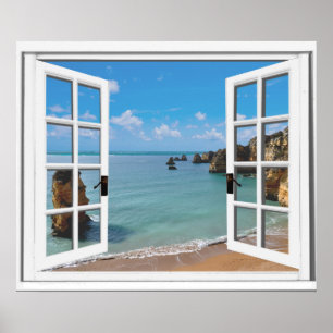 Relaxing Beach Ocean View Faux Window Poster