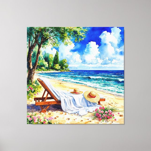 Relaxing Beach Scene with Lounge Chair Canvas Print (Front)