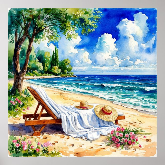 Relaxing Beach Scene with Lounge Chair Poster (Front)