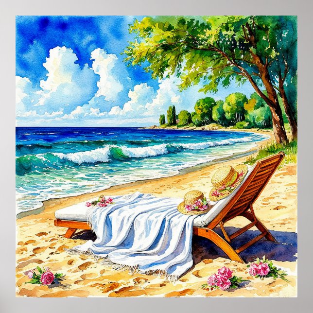Relaxing Beach Scene with Lounge Chair Poster (Front)