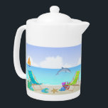 Relaxing Beach Teapot<br><div class="desc">This Relaxing Beach Teapot Features a beach background with ocean, sand, sailboat and dolphin, leaves, purple flowers, beach chairs with umbrella, purple surfboard and ocean. Available in two sizes. Ready for your next party it's Perfect for any room in your home or beach house. Also makes a wonderful housewarming gift!...</div>