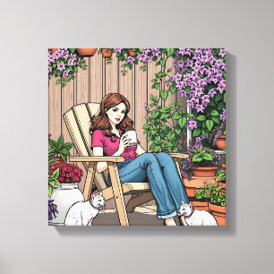 Relaxing Day Women with Coffee, Cats and Plants Canvas Print