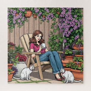 Relaxing Day   Women with Coffee, Cats and Plants Jigsaw Puzzle