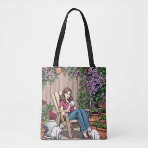 Relaxing Day   Women with Coffee, Cats and Plants Tote Bag