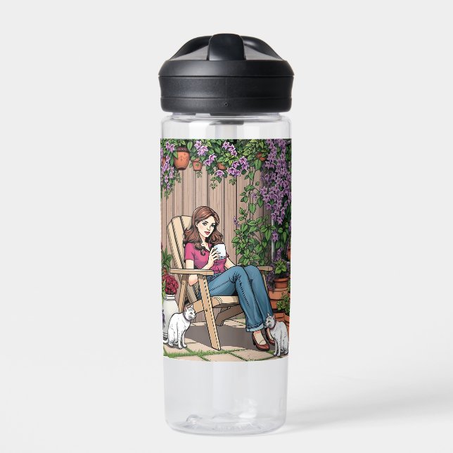 Relaxing Day | Women with Coffee, Cats and Plants Water Bottle (Front)
