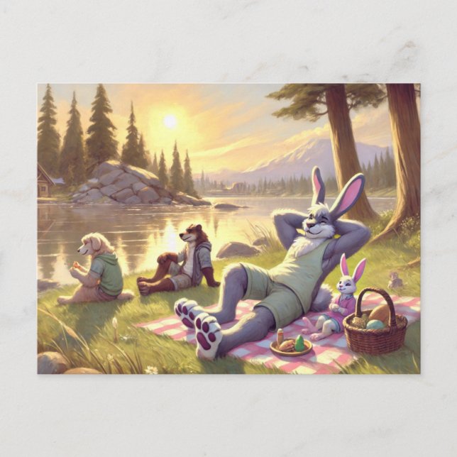 Relaxing Easter Picnic by the Lake Holiday Postcard (Front)