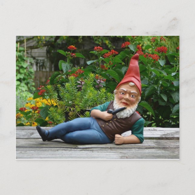 Relaxing Gnome with Santa Cap Holiday Postcard (Front)