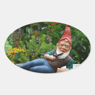 Relaxing Gnome with Santa Cap Oval Sticker