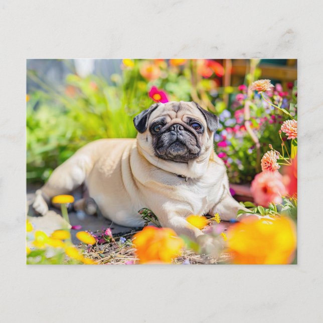 Relaxing Pug Chilling in Garden Space Postcard (Front)