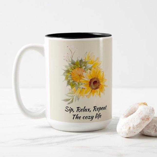 Relaxing Quote With Sunflowers Two-Tone Coffee Mug (With Donut)