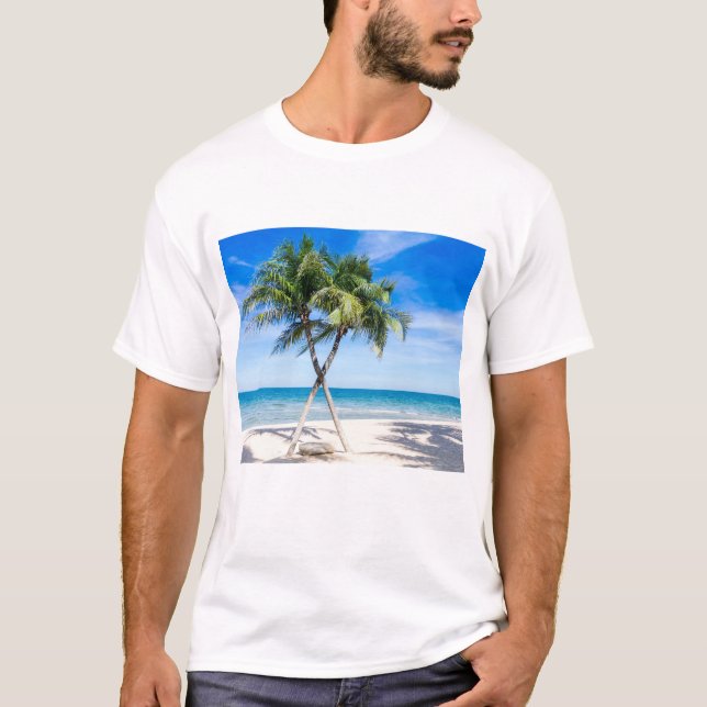 Relaxing Seascape View with Palms on the Beach T-Shirt (Front)