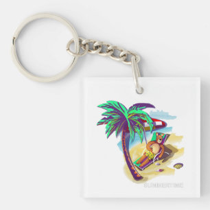Relaxing Summer Bear on Tropical Beach Key Ring