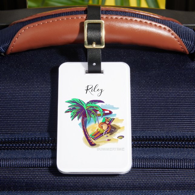 Relaxing Summer Bear on Tropical Beach Luggage Tag (Front Insitu 2)
